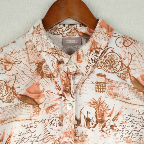Chicos Womens Button Up Shirt 0 White Red Short Sleeve Travel All Over Print - Picture 2 of 9